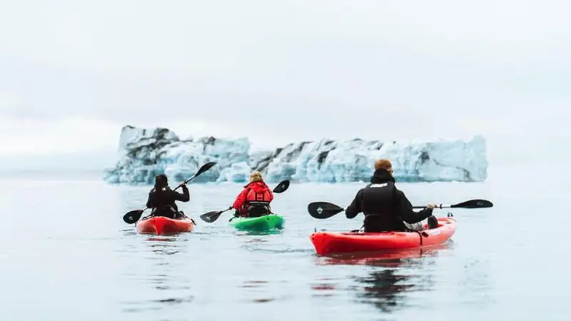 Kayaking among icebergs on the glacier lagoon